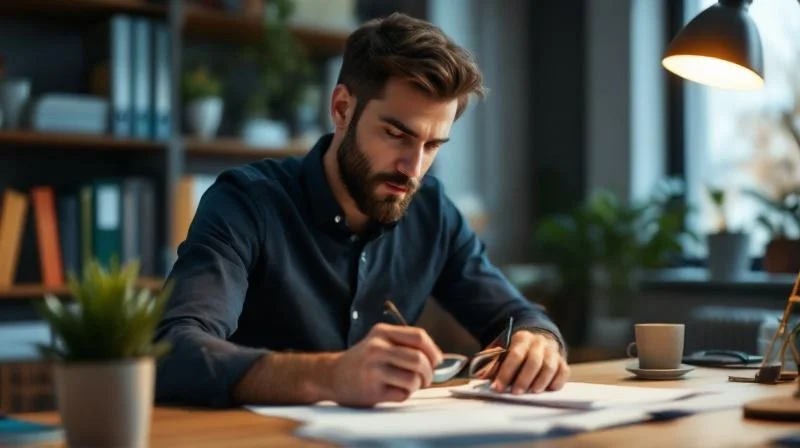 Mann mit Taschenrechner und Notizblock am Schreibtisch in Siegen