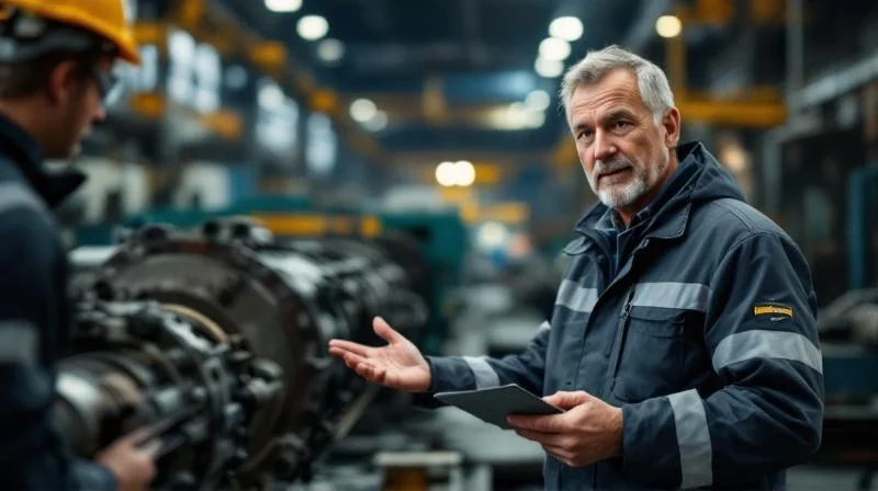 Siegener Ausbilder erklärt Mechatroniker-Auszubildendem einen Maschinenmechanismus