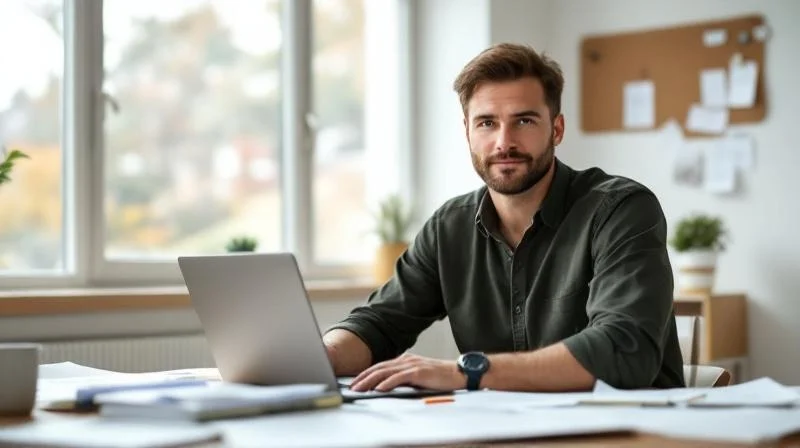 Mann lernt am Schreibtisch mit Laptop und Unterlagen in Siegen