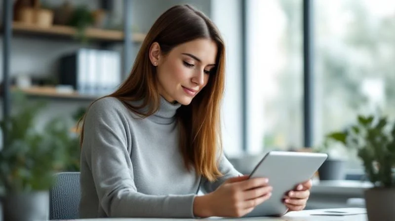 Frau in modernem Buero in Siegen liest auf einem Tablet berufliche Weiterbildungsoptionen