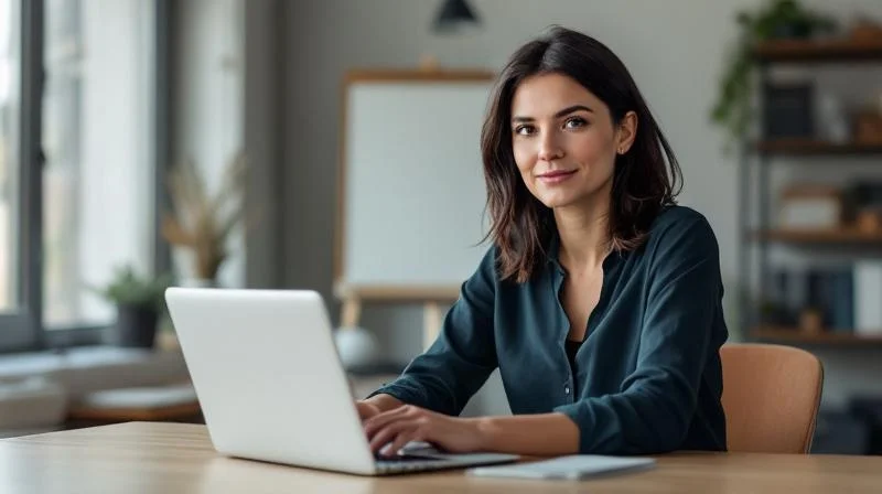 Frau arbeitet am Laptop in einem modernen Buero in Siegen