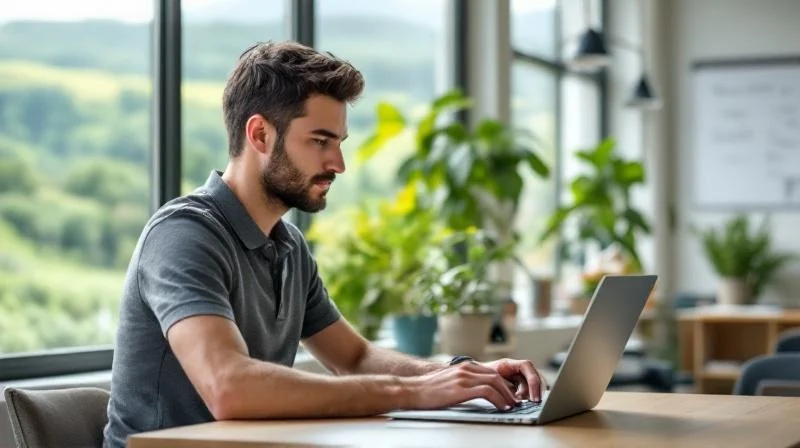 Mann arbeitet am Computer in einem hellen Buero im Siegerland