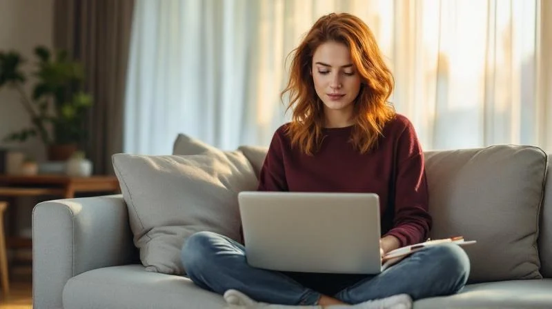 Frau lernt am Laptop in einem modernen Wohnzimmer in Siegen